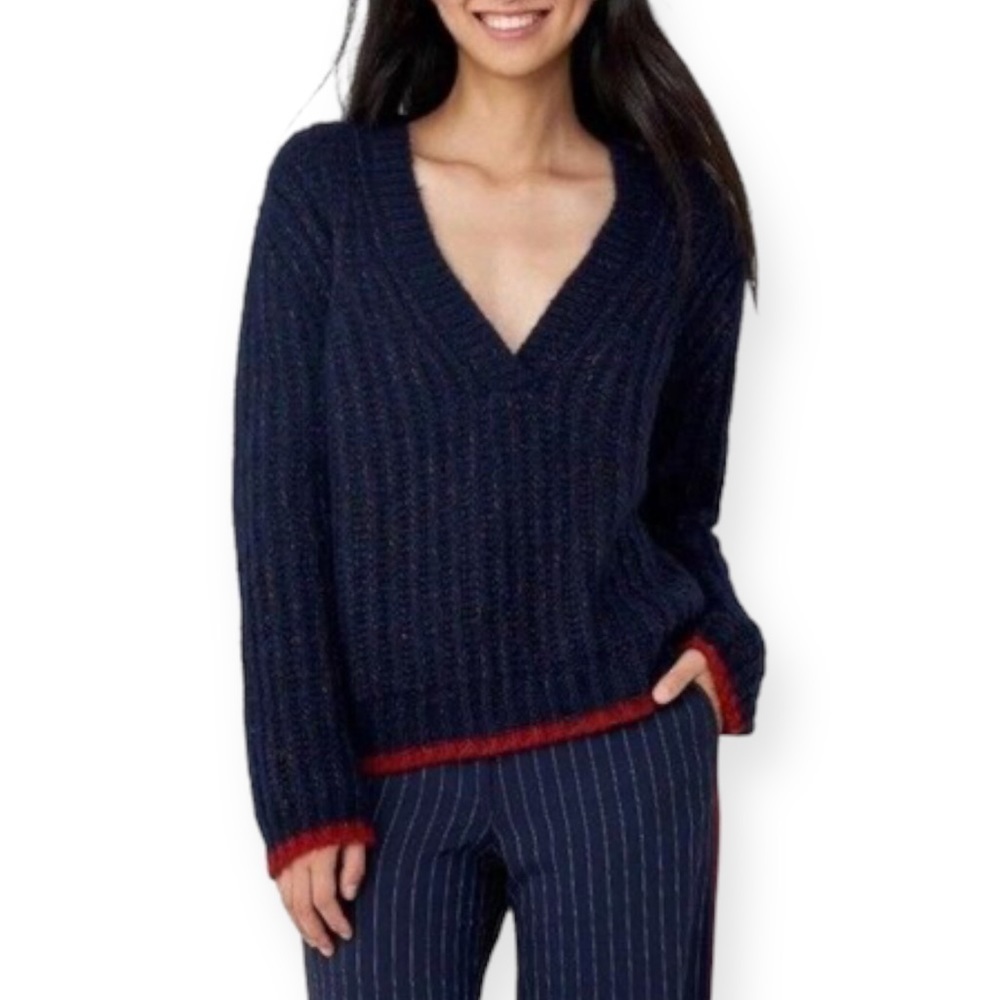 La Ligne Sweater, V neck alpaca wool sweater, Navy, Size M
